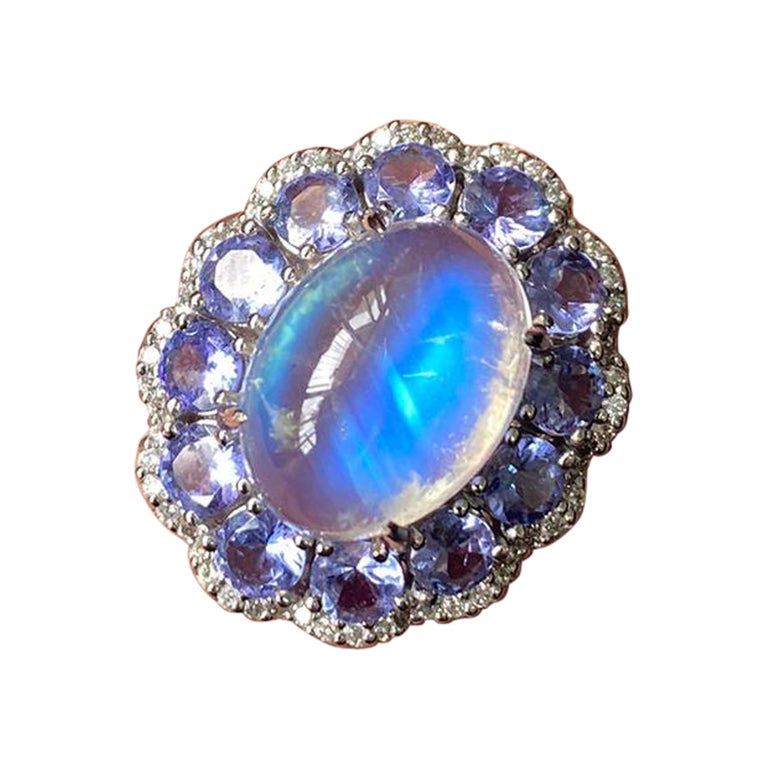 8.07 Carat Moonstone, Tanzanite Cocktail Ring, Diamond Cocktail Ring For Sale