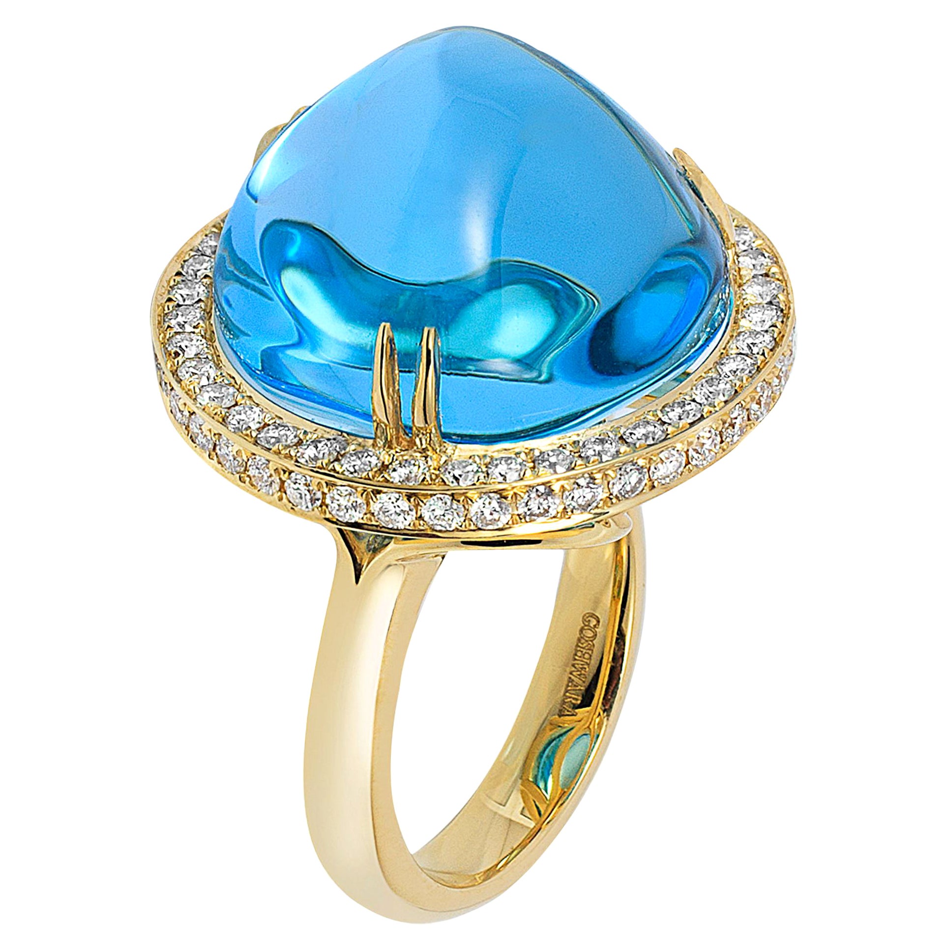 Ring mit blauem Topas, Cabochon und Diamanten von Goshwara im Angebot