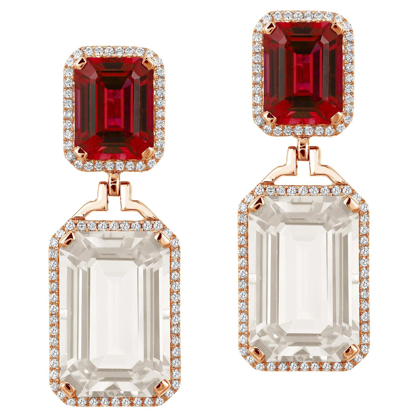 Emerald Cut Garnet And Rock Crystal With Diamond Earrings For Sale