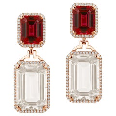 Emerald Cut Garnet And Rock Crystal With Diamond Earrings