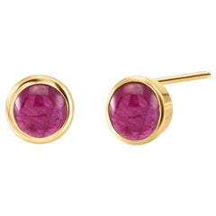 Two Matched Cabochon Burma Ruby Bezel Set Yellow Gold Stud Earrings