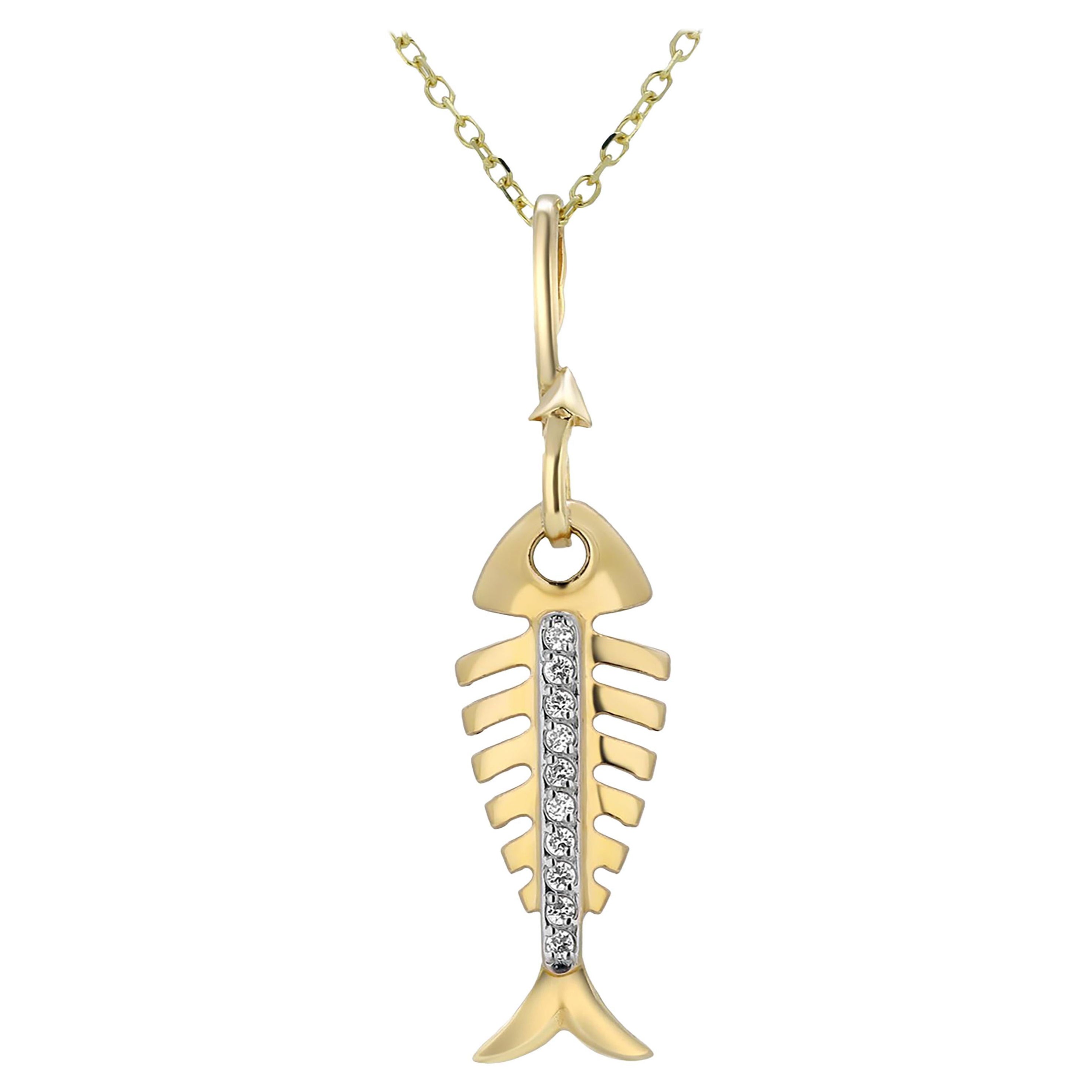 Fourteen Karat Yellow Gold Diamond Fish Charm Necklace Pendant