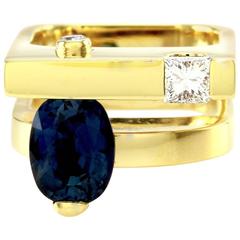 Contemporary Sapphire Diamond Solitaire Yellow Gold Ring