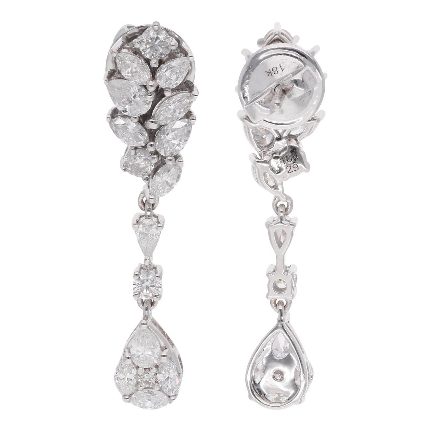 1.76 Carat Diamond Dangle Earrings 18 Karat White Gold Handmade Fine Jewelry For Sale