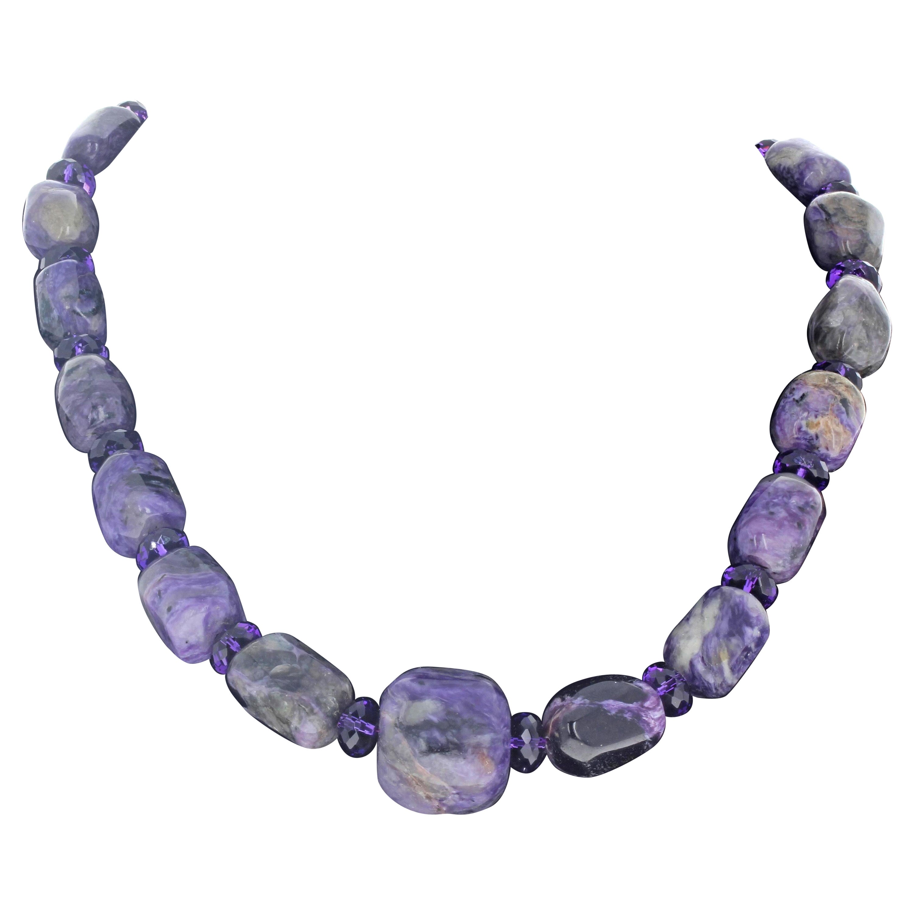 These are natural Ruby Zoizites - the largest approximately 19mm x 19mm - enhanced with beautiful natural gem cut real Amethyst -  approximately 19mm.  This beautiful necklace is 19 inches long.  The clasp is a easy to use gold plated hook clasp. 