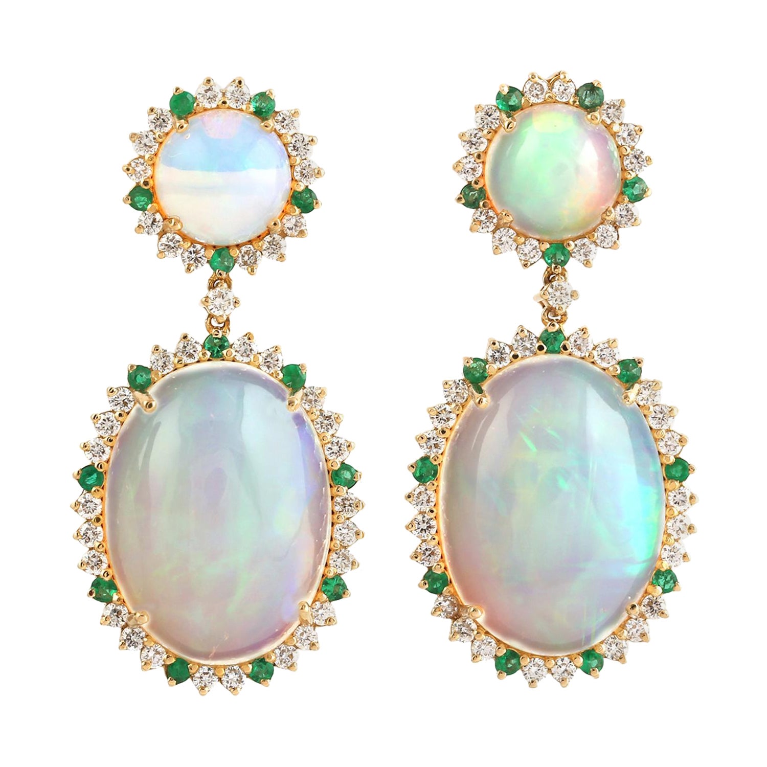13.05 Carat Opal Emerald Diamond 14 Karat Gold Earrings For Sale