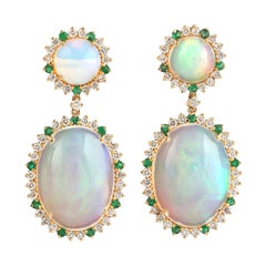 13.05 Carat Opal Emerald Diamond 14 Karat Gold Earrings