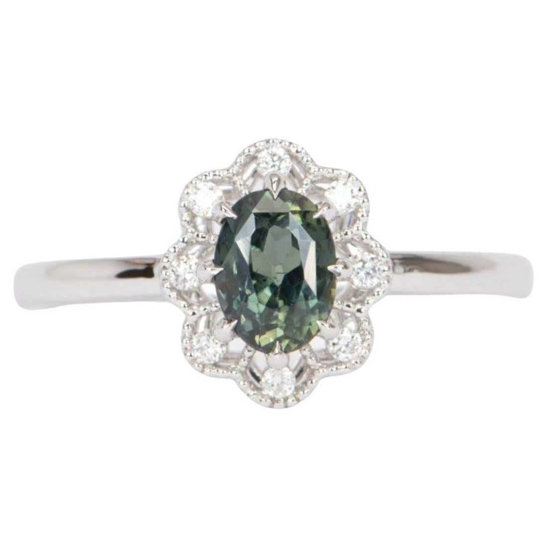 Green Montana Sapphire Milgrain Diamond Halo 14k White Gold Engagement Ring For Sale