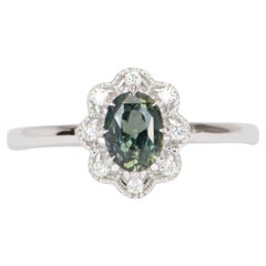 Green Montana Sapphire Milgrain Diamond Halo 14k White Gold Engagement Ring