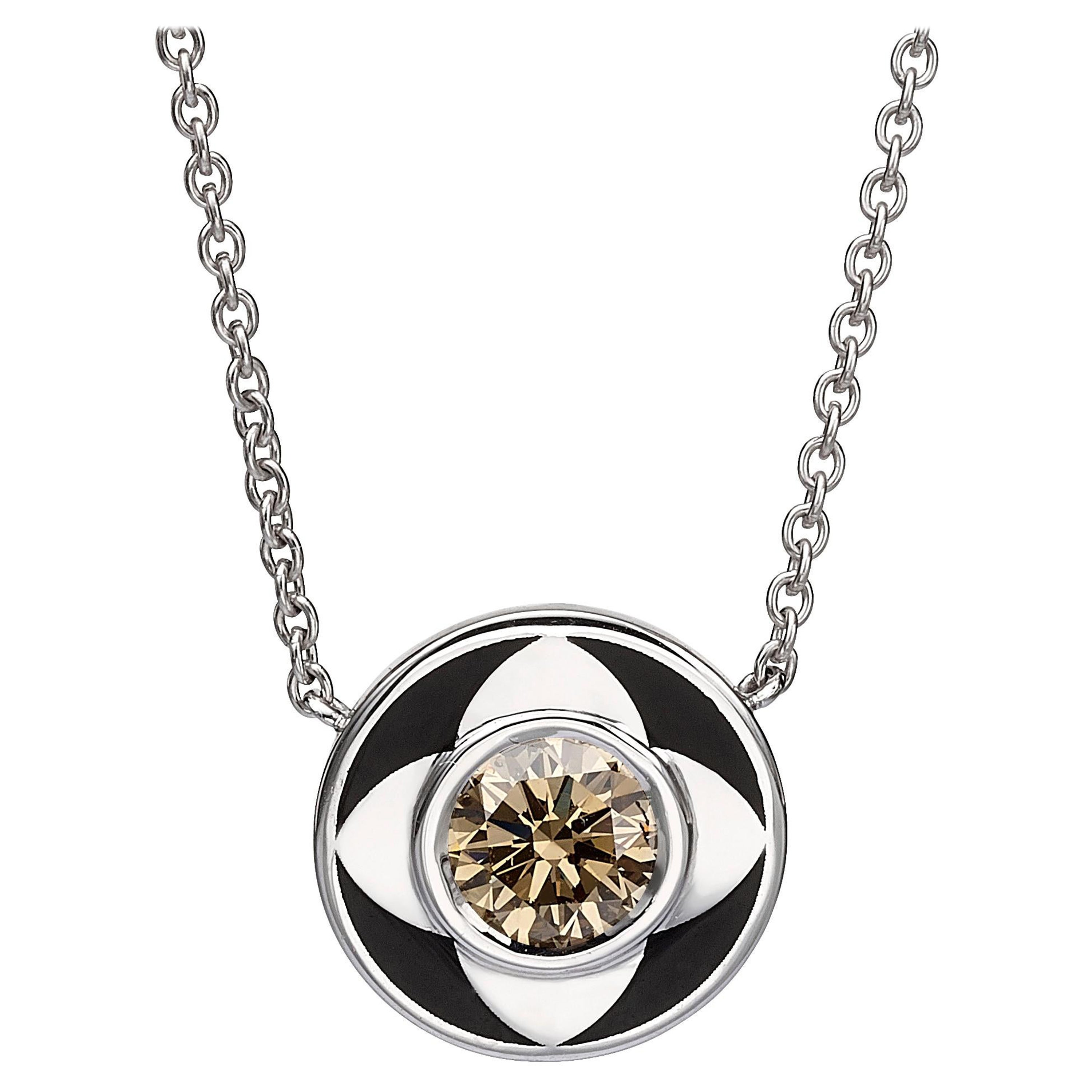 Venice Collection: Round Shaped Black Enamel Diamond Pendant in 18k White Gold For Sale