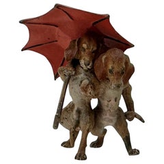 Antique Dachshund Dog Couple Austrian Vienna Bronze circa 1900 Walking Under Umbrella