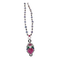 Tutti-Frutti Necklace with Ruby, Sapphire, Emerald and Diamond in 18k White Gold