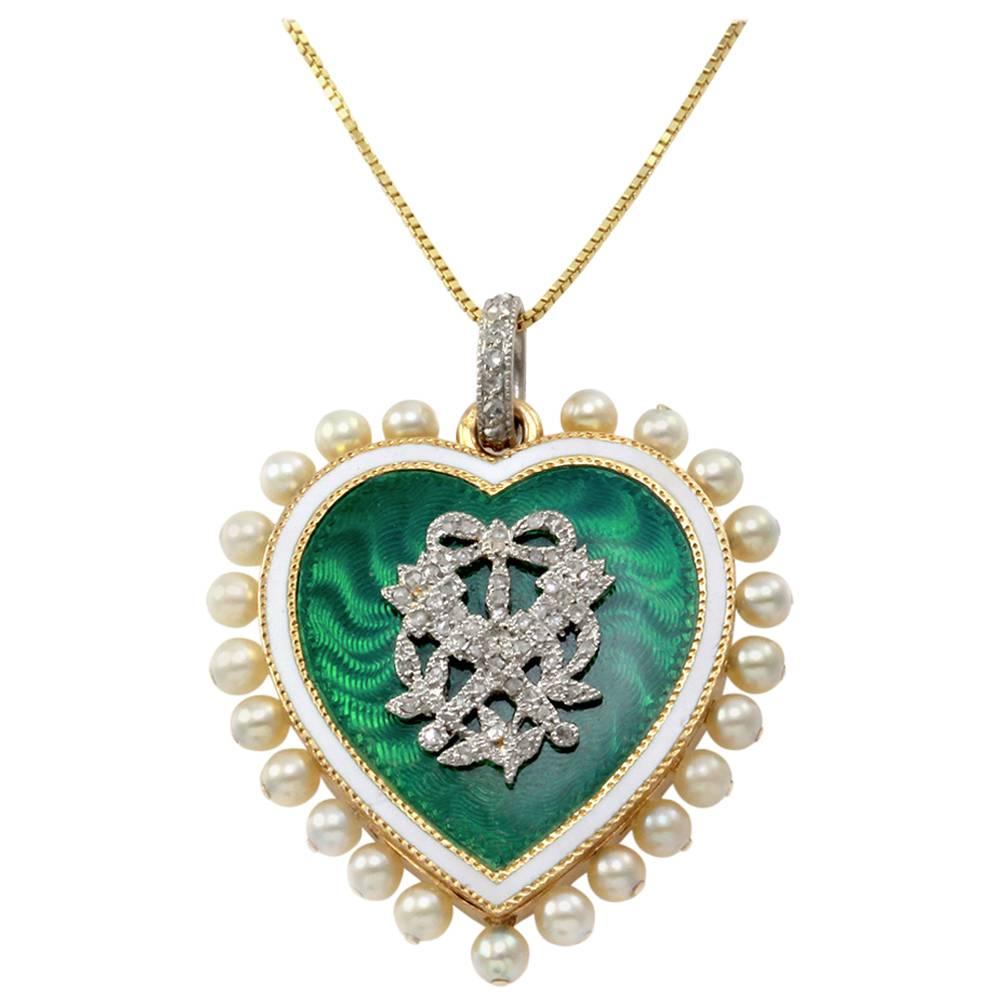 Cartier Victorian Pearl, Enamel & Pavé Diamond Heart Pendant 18K Gold/Platinum