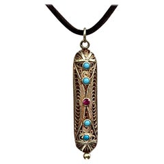 Antique Victorian Turquoise and Ruby Filigree Pendant 14k