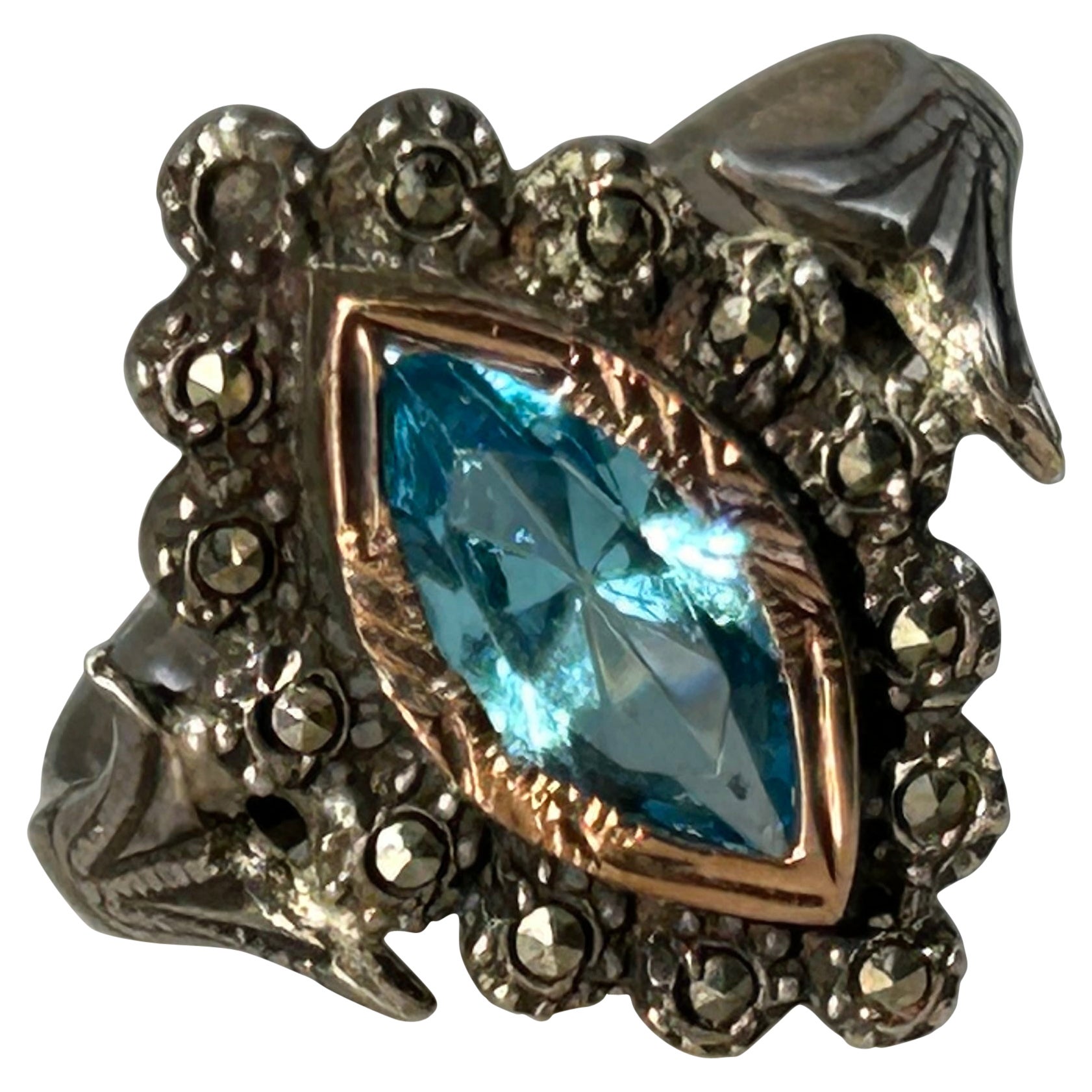 Antique Santa Maria Aquamarine Marquise 14k Gold Ring For Sale