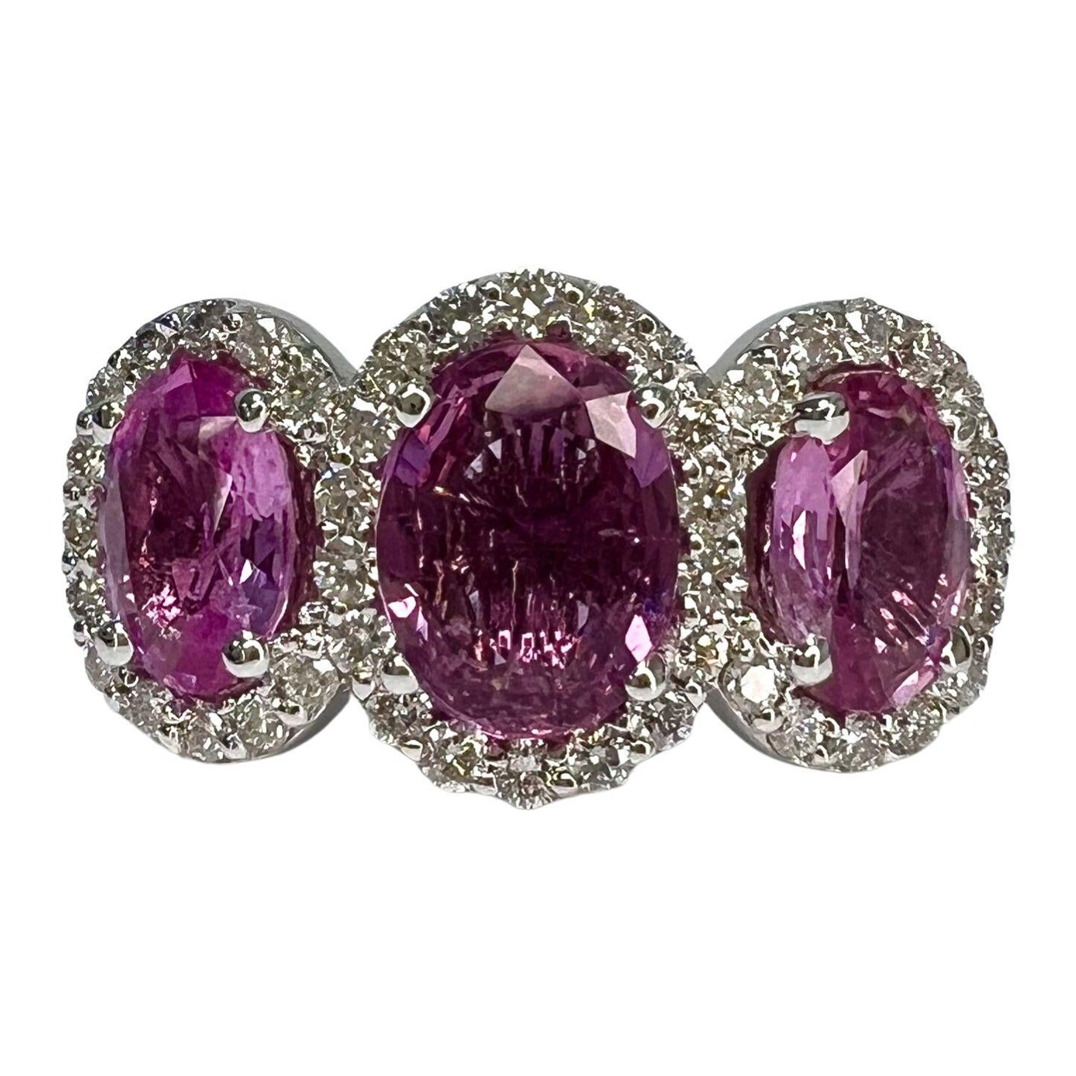 2.7 Carat Pink Sapphire Three Stone Halo Ring, 18k White Gold For Sale