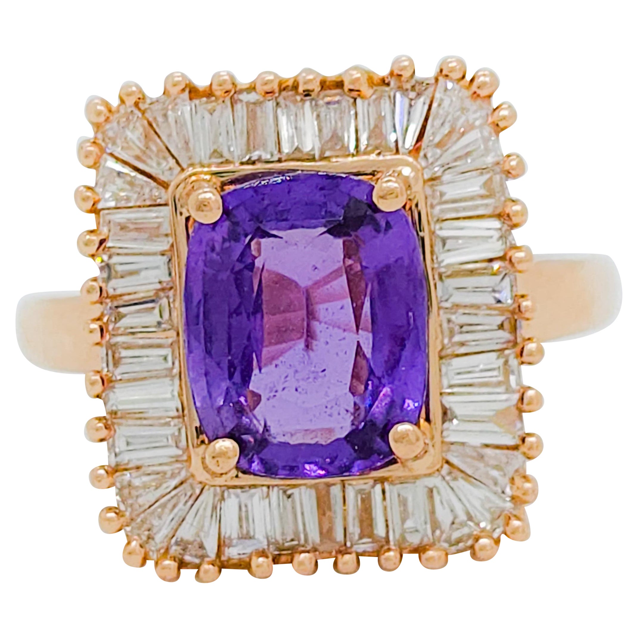 Gia Unheated Purple Sapphire and White Diamond Cocktail Ring in 14k Rose Gold For Sale