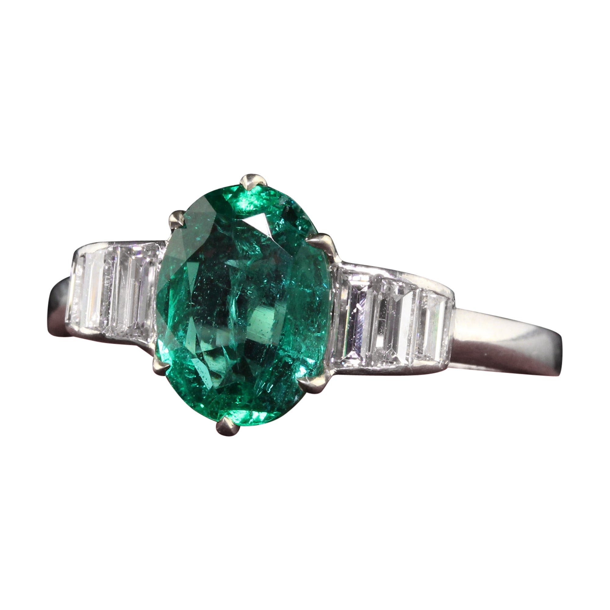 Vintage Retro Platinum Natural Emerald and Diamond Engagement Ring For Sale