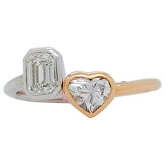 GIA Faint Pink Heart and White Diamond Emerald Cut Moi Et Toi Ring