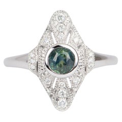 Bague de fiançailles en or blanc 14 carats avec saphir du Montana vert sarcelle et halo de diamants