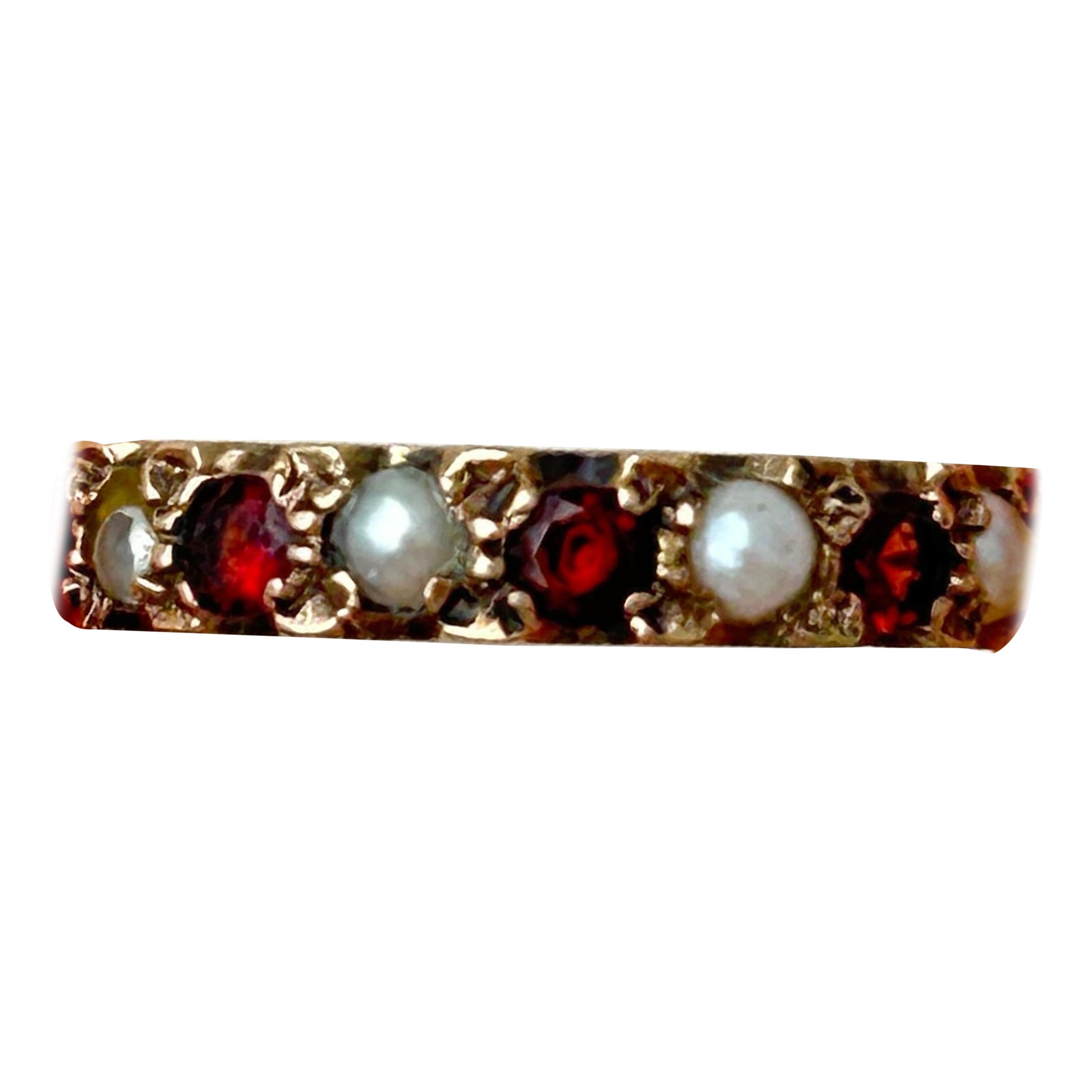 Vintage 9 Carat Yellow Gold Garnet and Pearl Full Eternity Band Ring For Sale