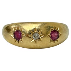 Antique 18 Carat Yellow Gold Ruby and Diamond 3 Star Ring