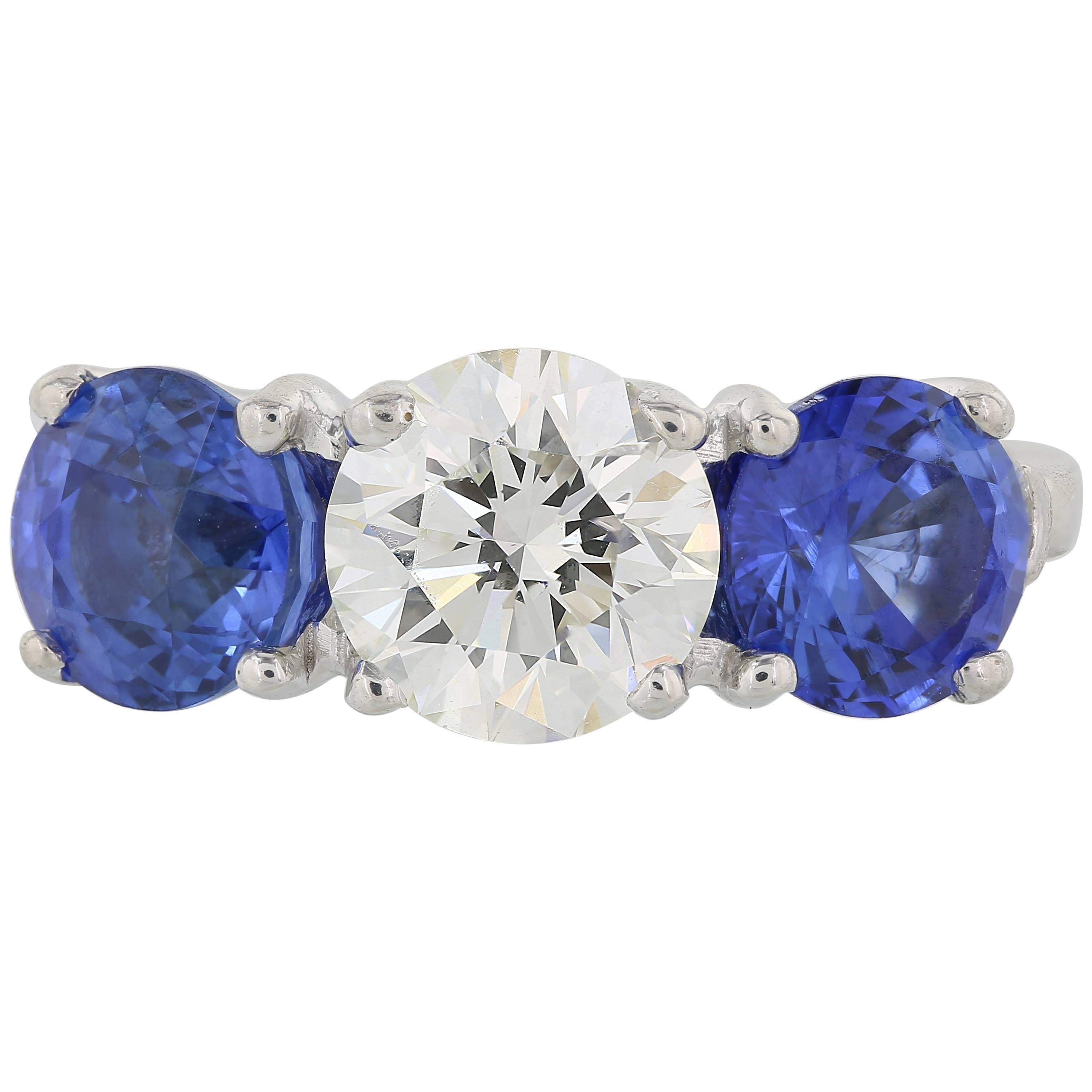 Sapphire Diamond Platinum Three-Stone Ring