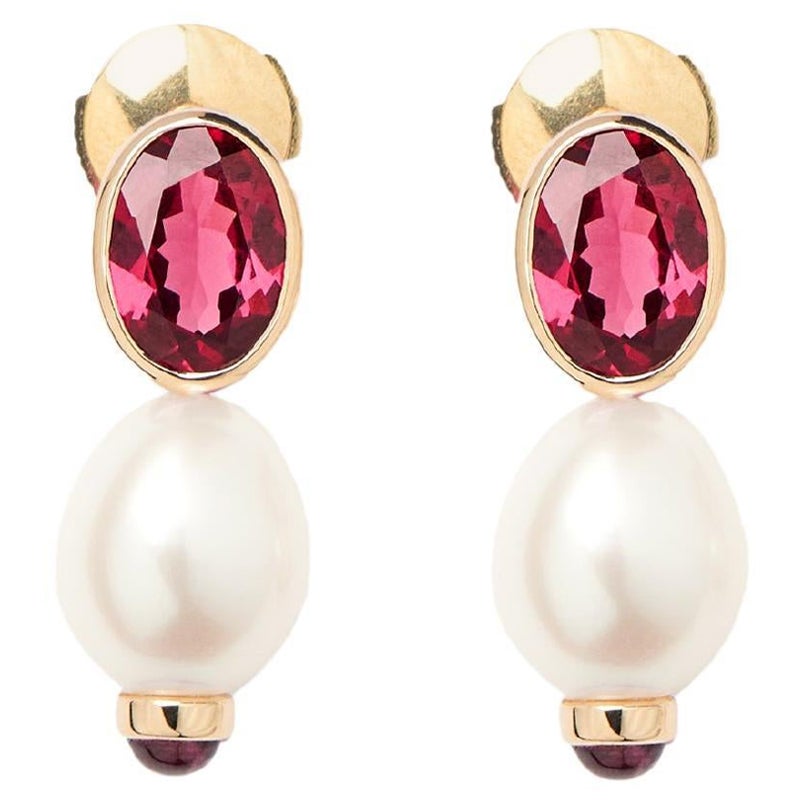 18 Carat Gold Pearl Grenat Earrings, Yellow Gold, Perles Précieuses Collection For Sale