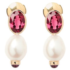 Boucles d'oreilles grenat en or 18 carats avec perles, or jaune, collection Perles Précieuses