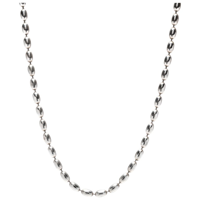 Italian Elongated Oval Bead Chain Necklace, Sterling Silver For Sale at