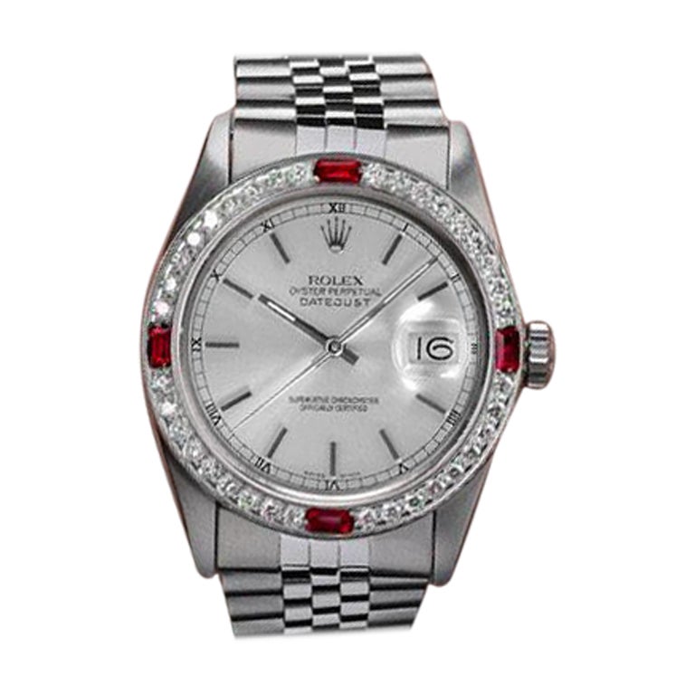 Rolex Datejust Silver Dial with Ruby and Diamond Bezel Steel Watch For Sale
