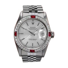 Vintage Rolex Datejust Silver Dial with Ruby and Diamond Bezel Steel Watch