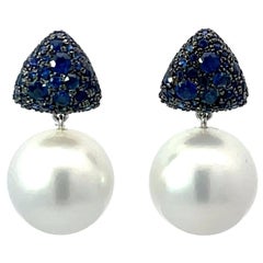 Blue Sapphire South Sea Pearl Drop Earrings 1.33 Carats 18 Karat Gold