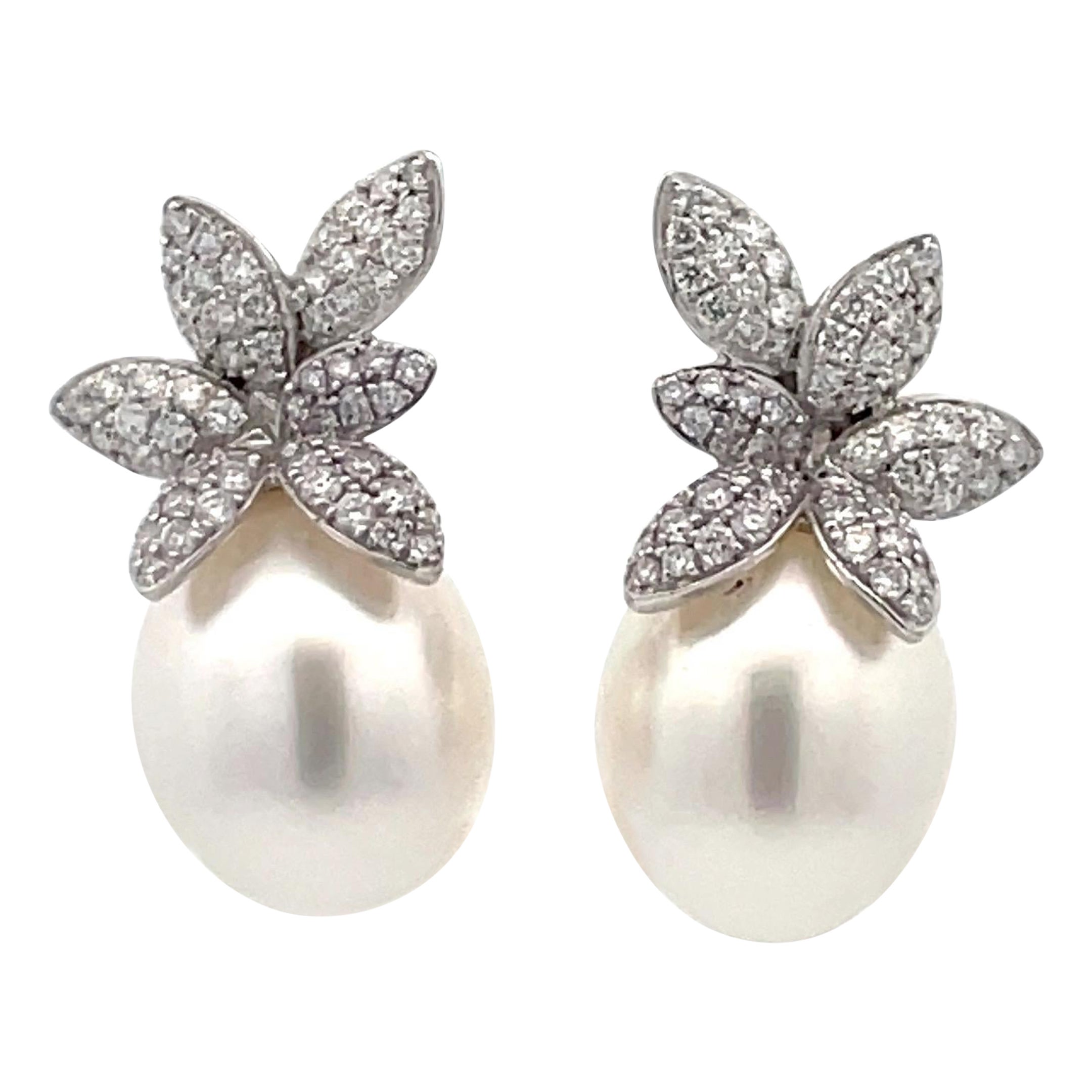 Diamond Cluster Floral South Sea Pearl Drop Earrings 1.03 Carats 18 Karat For Sale
