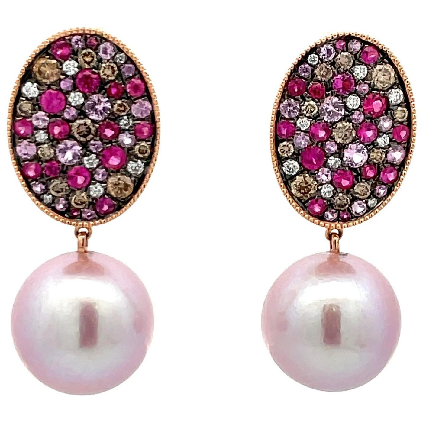 Boucles d'oreilles en goutte en perles d'eau douce avec saphir rose et diamants de 3,05 carats 14-15 mm 18 KT