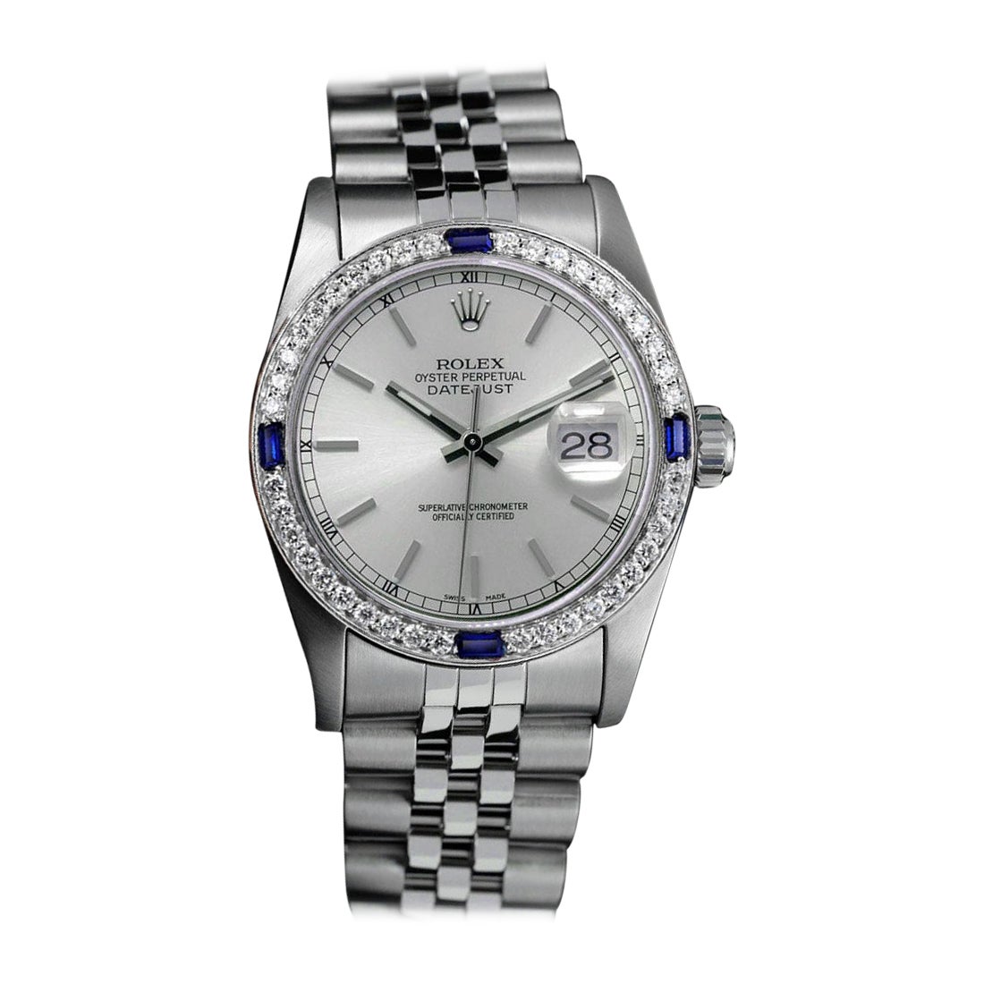 Rolex Datejust Silver Stick Dial Diamond & Blue Sapphire Bezel Steel Watch For Sale