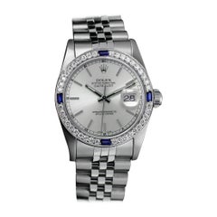 Rolex Datejust Silver Stick Dial Diamond & Blue Sapphire Bezel Steel Watch