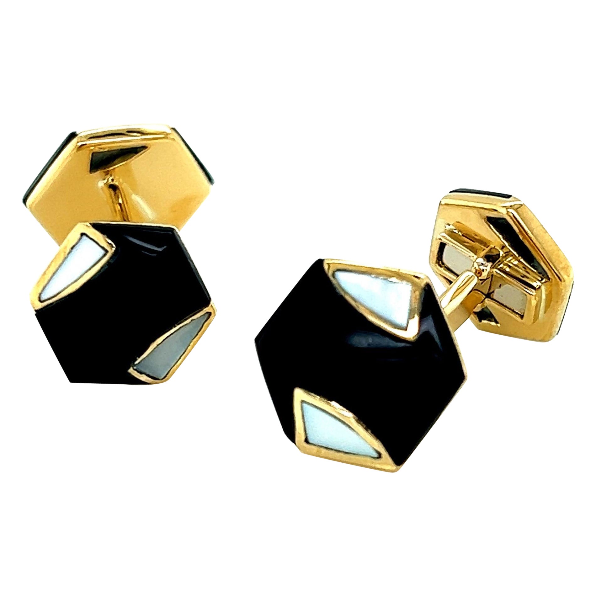 Yellow Gold Hexagon Black Onyx and Mother-of-pearl Cufflinks For Sale