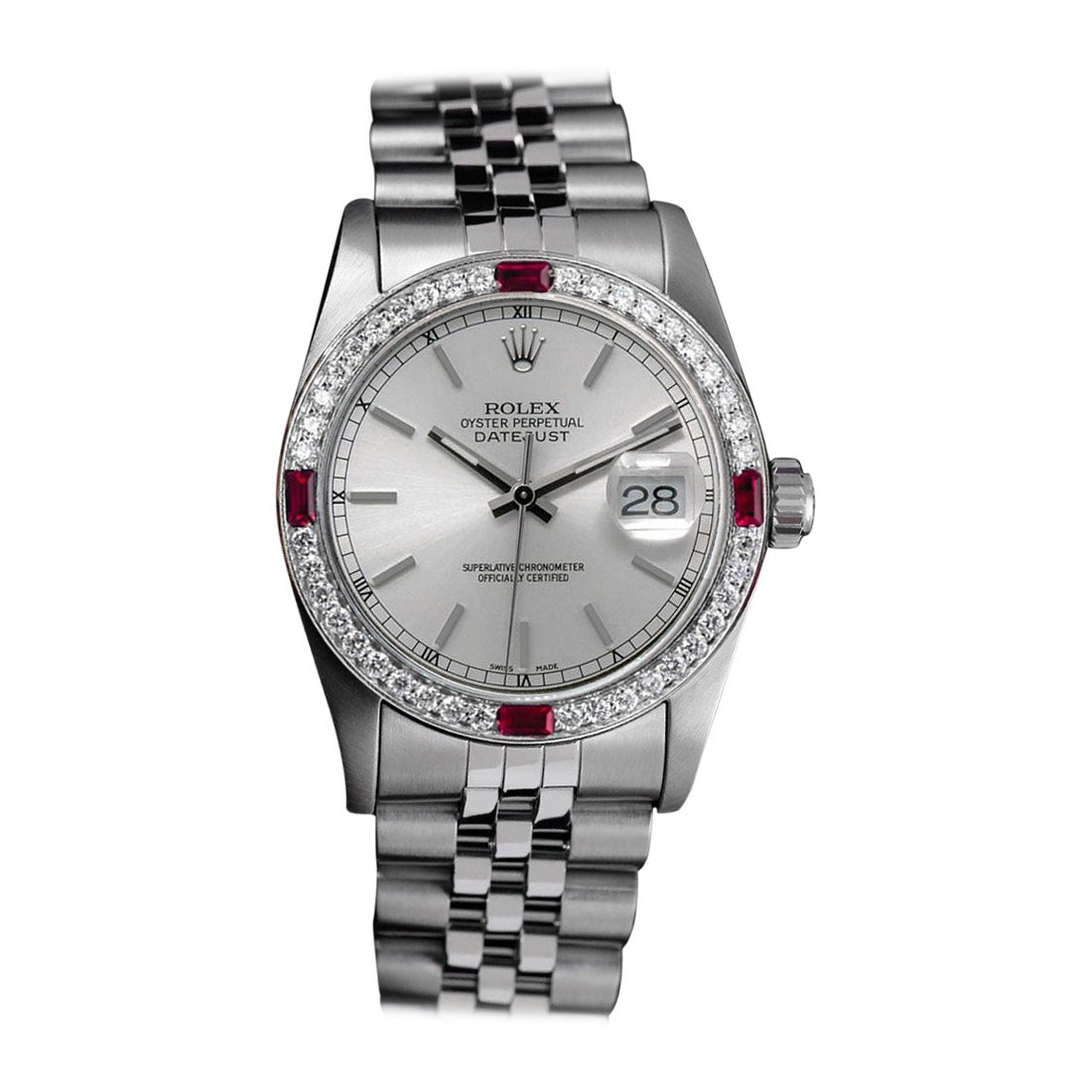 Rolex Datejust Silver Stick Dial with Diamond & Ruby Bezel Steel Watch For Sale