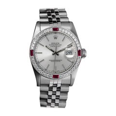 Used Rolex Datejust Silver Stick Dial with Diamond & Ruby Bezel Steel Watch