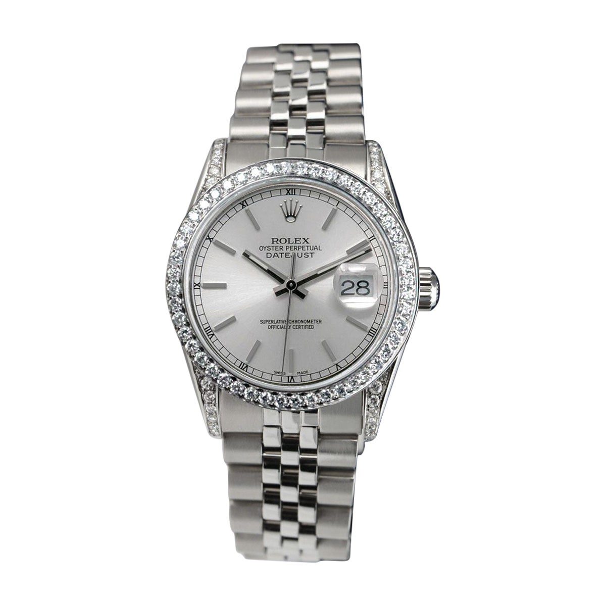 Rolex Datejust Diamond Bezel & Lugs Silver Index Dial Steel Watch For Sale