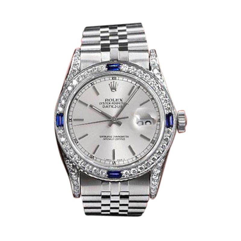 Rolex Montre Datejust à cadran argenté avec lunette en diamants + saphirs et diamants en vente