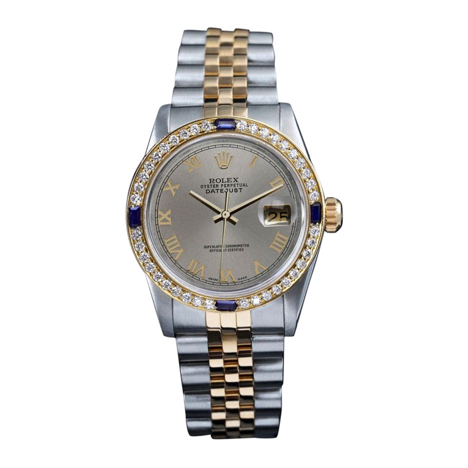 Women's Rolex Datejust Sapphire/Diamond Bezel Grey Roman Dial 2 Tone Watch For Sale