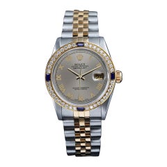 Women's Rolex Datejust Sapphire/Diamond Bezel Grey Roman Dial 2 Tone Watch