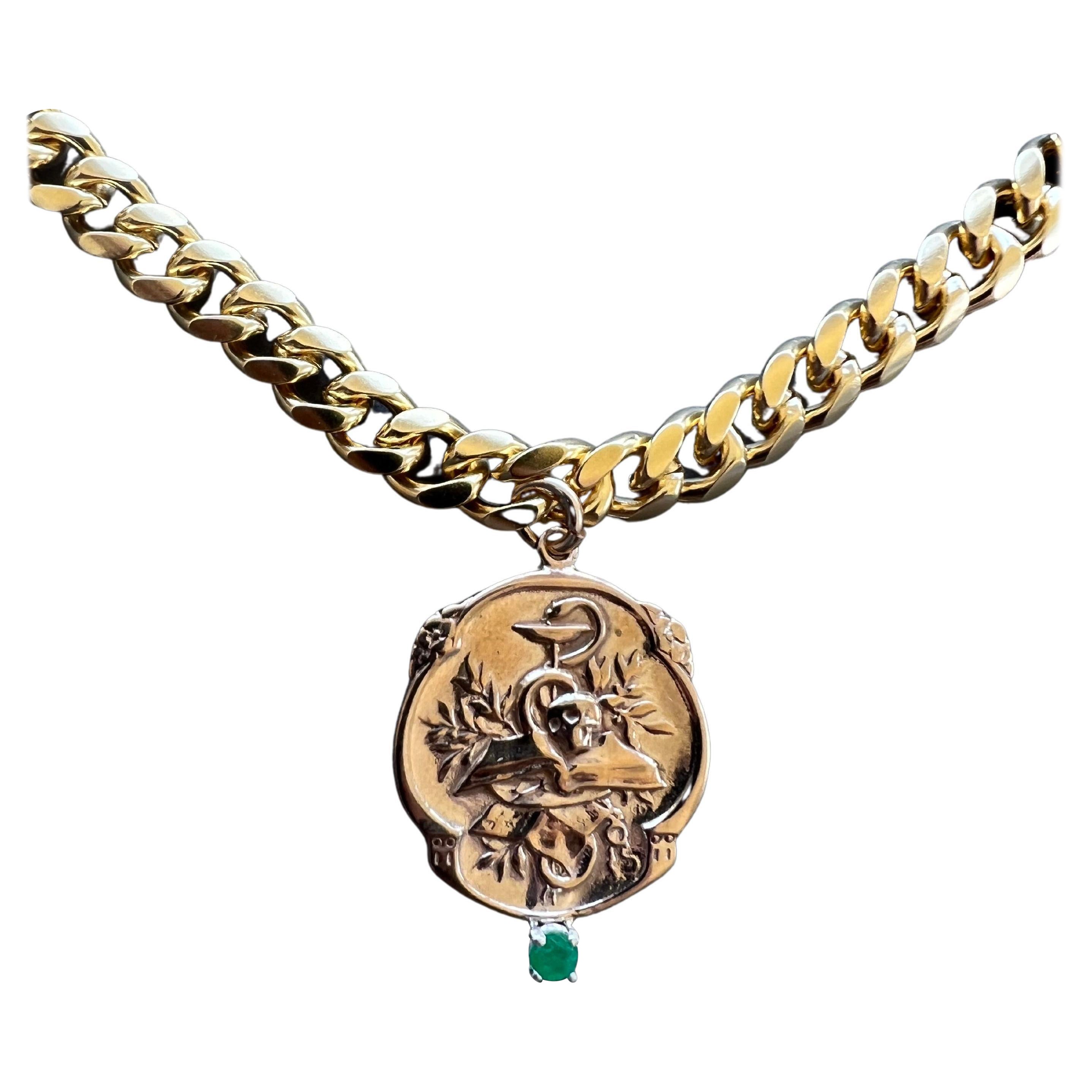 Emerald Victorian Style Memento Mori Medal Choker Chain Necklace Skull J Dauphin For Sale