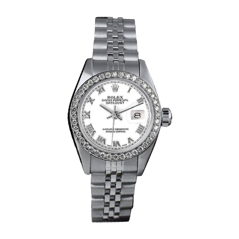 Rolex Datejust Custom Set Diamond Bezel White Roman Dial Steel Watch For Sale