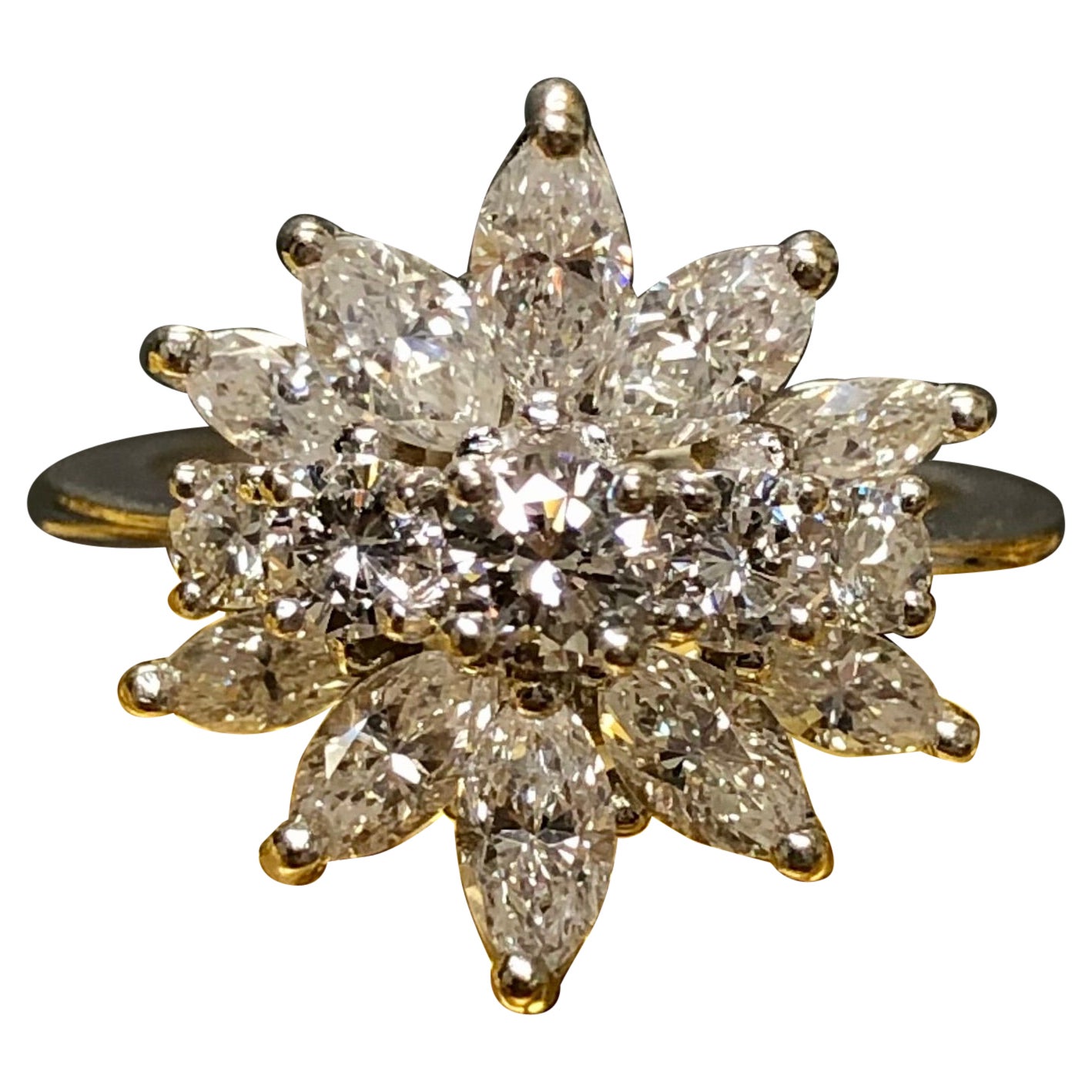 Estate Vintage 18k Marquise Round Diamond Cluster Cocktail Ring F-G Vs