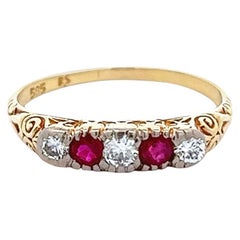 Edwardian Diamond Ruby 14 Karat Yellow Gold Five Stone Ring