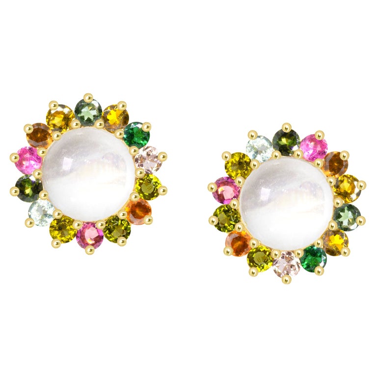 Tresor Collection - Blue Sapphire & Rainbow Moonstone Stud Earrings in 18k Yellow Gold main image 0