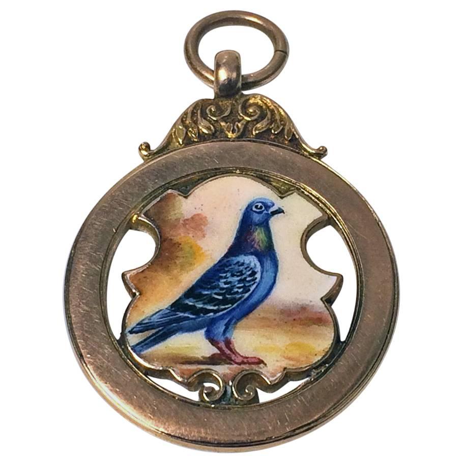 1899 Antique English Birmingham Enamel Gold Pigeon Pendant